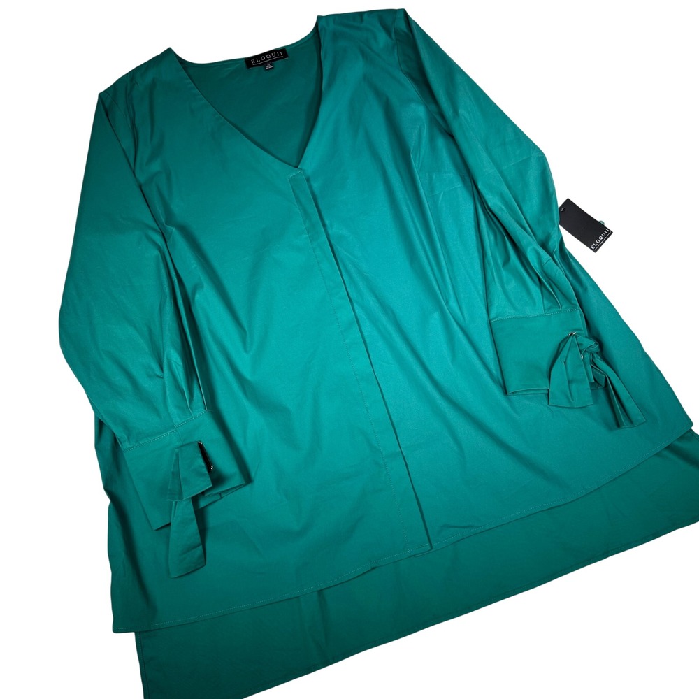 ELOQUII New w/ Tags Green V Neck Tunic Top Shirt High Low Hem Tie Sleeve Size 22
